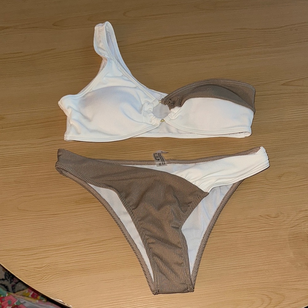 SHEIN White and Brown One Shoulder Bikini